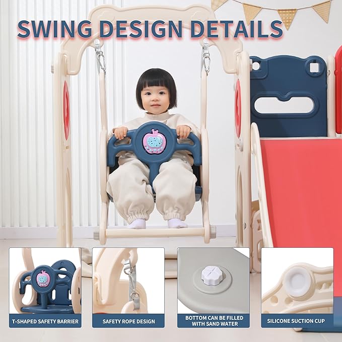 12 in 1 Toddler Outdoor Playset with Swing, Indoor Swing and Slide Set Playground for Toddlers 1-3, Durable Climber Basketball Hoop Ball Toddler Indoor Playset for Home Playground - Red Blue