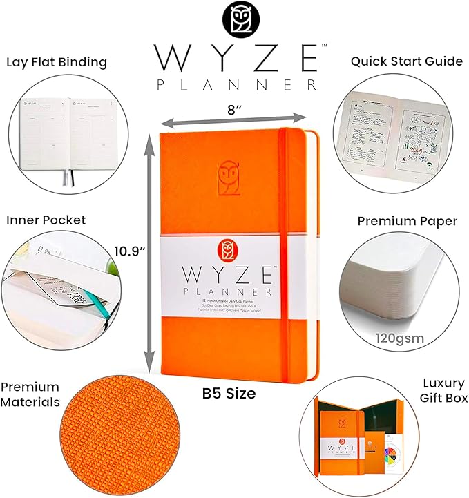 Undated Daily Planner – 1-Year B5 Productivity Organizer with Two-Page Weekly Spread, Goal Setting, Habit Tracker, Weekly & Monthly Pages – Hardcover Time Management Notebook (Orange)