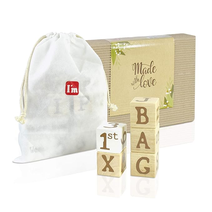 I'm Solid Wood Monthly Weekly Baby Milestone Age Blocks, Personalized Own Name, Gender Neutral, Newborn Gifts & Keepsakes for Picture Props (1.9" / 18 Pcs/Brown)