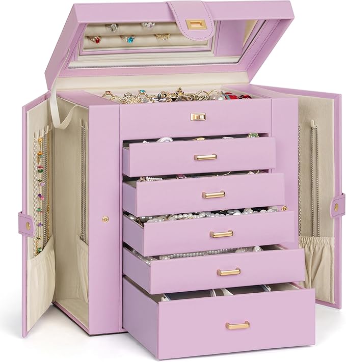 AKOZLIN Huge Jewelry Box Organizer Functional Large Leather Jewelry Storage Case for Women Girls Ring Necklace Earring Bracelet Holder Organizer with Mirror