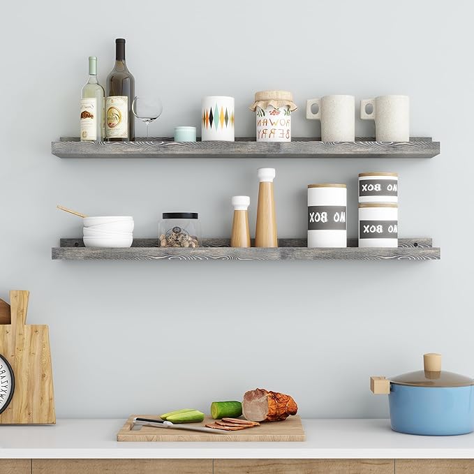 36 Inches Floating Shelves for Wall, Solid Pine Wood Picture Ledge Shelves, Wall Shelves with Lips, Nursery Book Shelves for Toys Storage Living Room Bedroom Photo Frames (2 Pcs, Grey)