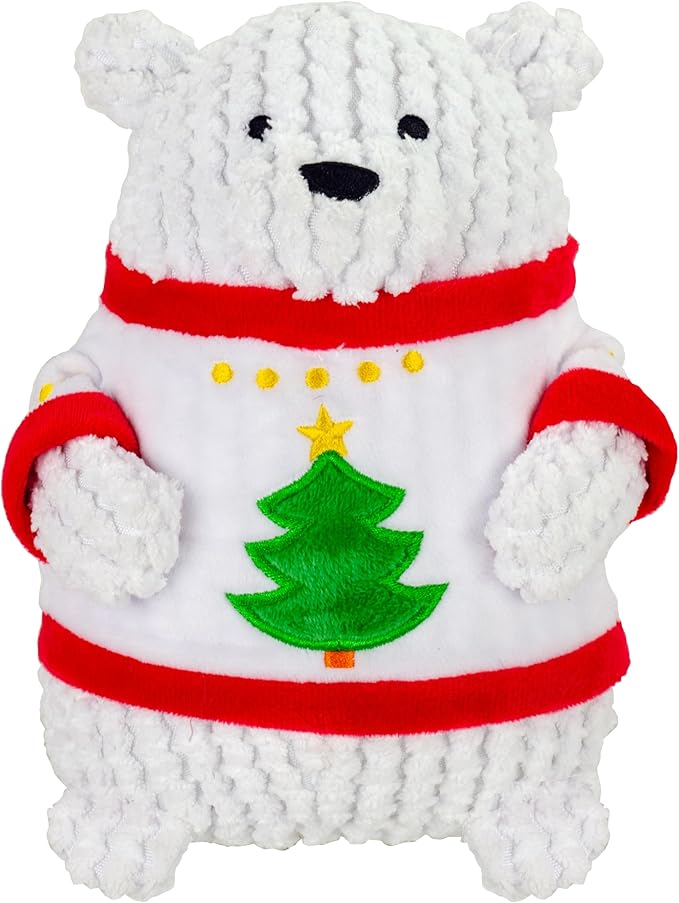 Giftable World Holiday Plush Pet Toy Fun for Christmas Designs with Squeaker Dog Chew Toy (7" Tubby Polly Bear w/Sweater & Squeaker)