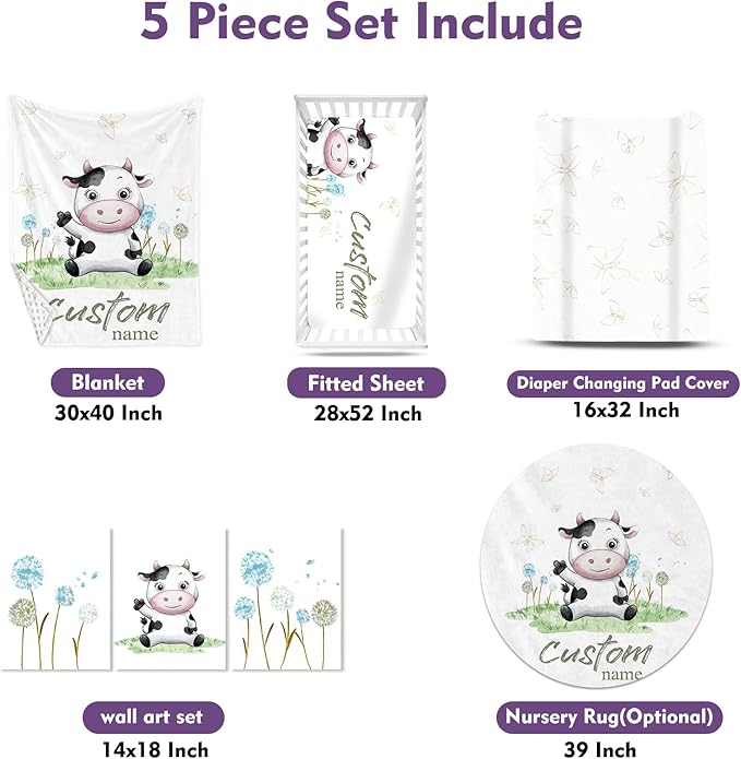 Personalized Baby Crib Bedding Set, 5-Piece Cows Design Baby Crib Sets with Custom Name, Toddler Double Layer Blanket Fitted Sheets Changing Pad Cover Rug Wall Art Set, Charming Nursery Decor