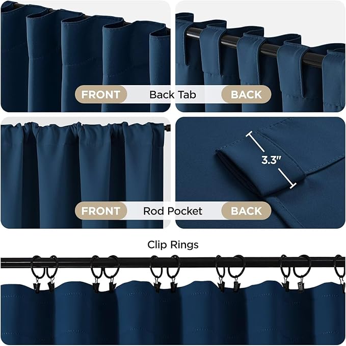 Joydeco 72 Inch Blackout Curtains for Bedroom, Thermal Insulated Black Out Curtains 2 Panels Set, Room Darkening Drapes for Living Room Window Rod Pocket Back Tab (W37 x L72 Inch, Navy Blue)