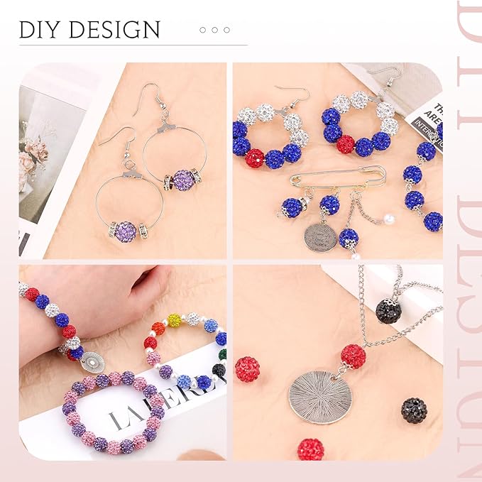 100 Pcs 10 Mixed Colors Rhinestone Beads for Jewelry Making, Sparkle Crystal Clay Christmas for Bracelet Baseball Necklace Earring Crafting and DIY, Shiny Round Shamballa Disco Ball Beads