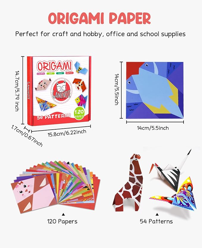 Gamenote Colorful Origami Kit for Kids 54 Projects 120 Double Sided Origami Paper 12 Sheets Practice Papers Instructional Origami Book Origami Gift for 4+ Girls Boys Adult Beginners Training Craft