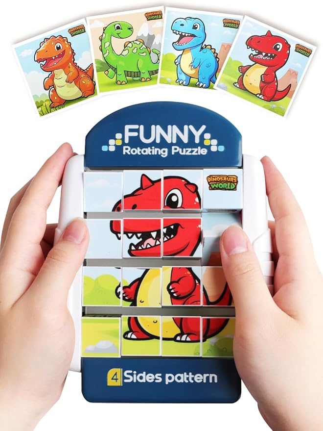 16-Piece Rotating Puzzles for Kids 4-6, Toddlers Puzzles 2-4, Road Trip, Airplane Activities Game, Travel Toys - Brain Teaser, Fine Motor Skills - Birthday Gifts Boys Girls - Dinosaur