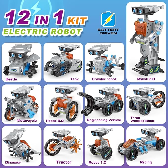 12 in 1 Solar Robot Kit Toys for Kids, 202 Pieces DIY STEM Building Science Learning Educational Experiment Kit Solar and Cell Powered, Gift for Boys Girls (Orange)