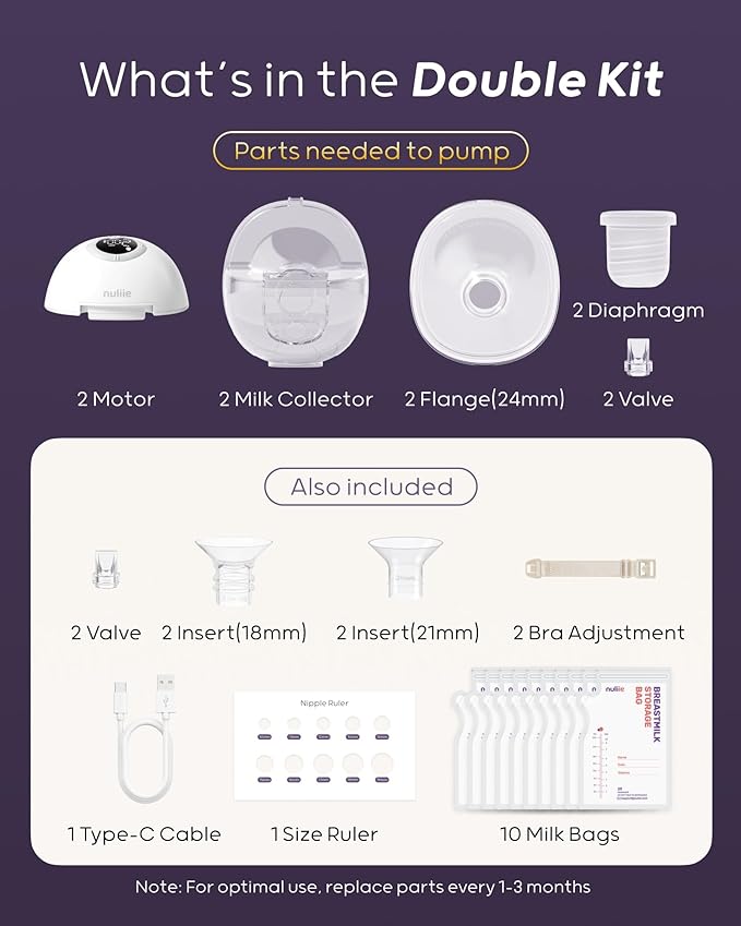 Nuliie Hands-Free Breast Pump, Wearable Breastfeeding Pump 4 Modes 9 Levels with 18/21/24MM Flange, Electric Breast Pump Portable, Replaced Pumping Accessories Included (Pink, 2 Packs)