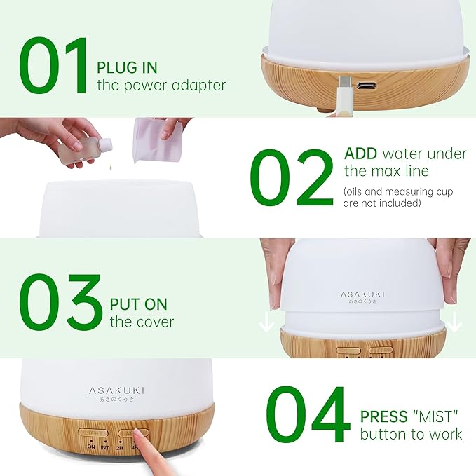 ASAKUKI Essential Oil Diffuser, 300ml Ultrasonic Aromatherapy Oil Humidifier with 7 Colors Lights 2 Mist Mode for Home