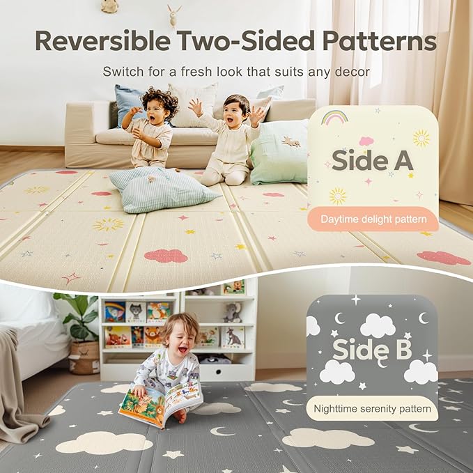 Extra Large Foldable Play Mat, Reversible Baby Play Mat with Edge Reinforcement, Non-Toxic & Waterproof Baby Mat for Floor, Foam Playmat with Travel Bag, Rainbow, Cloud & Moon, 79"x71"