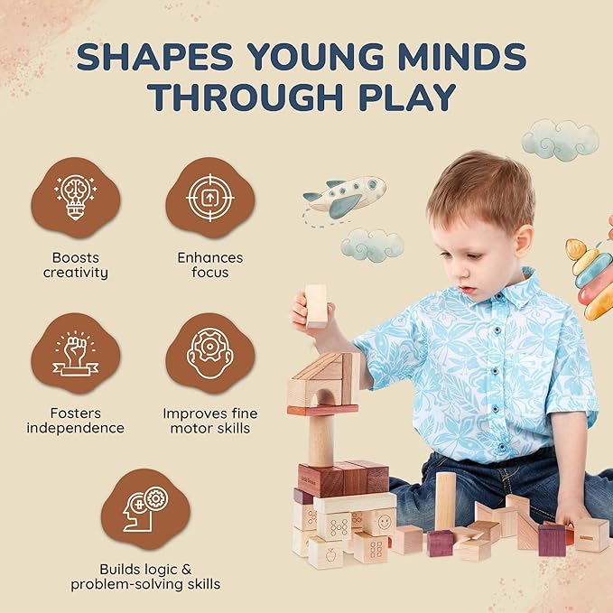 Hexagon Montessori Wooden Building Blocks – 86 Pieces FSC-Certified Beech | Alphabet & Number Blocks with Board Game, Storage Bag & 15-Challenge Guide | Stacking Toy for Kids Ages 3+