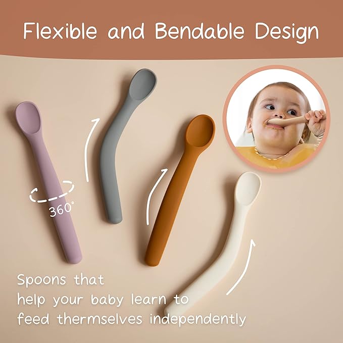 Moonkie Silicone Baby Spoons Set of 4, Two Sizes Feeding Spoon for First Stage 4+ Months, Baby Utensils with Case, Toddler Led Weaning Spoons, Bendable, Chewproof & Boil-proof