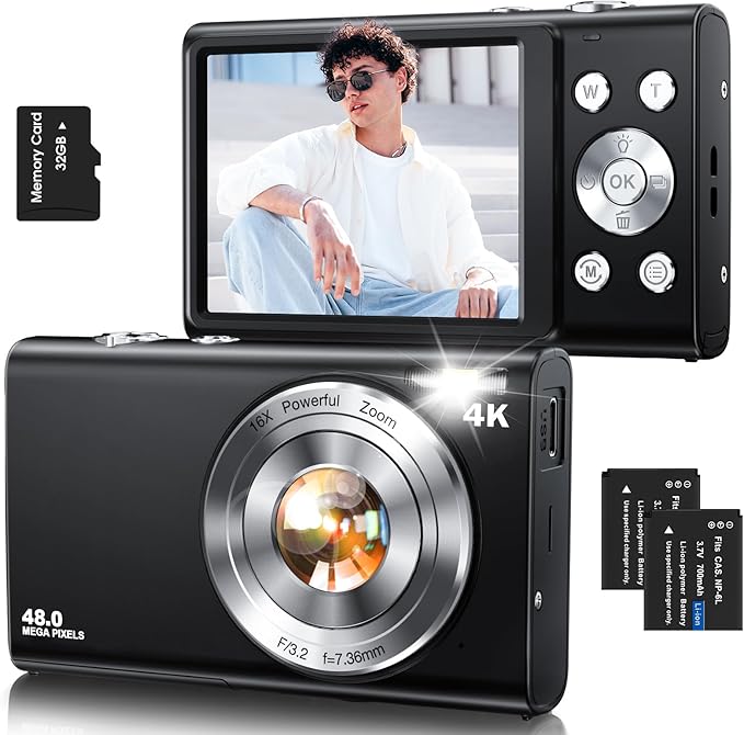 Digital Camera,Autofocus 4K Vlogging Camera for Photography with 32GB Card,48MP Portable Compact Point and Shoot Digital Camera for Teens Adult Beginner with 16X Zoom,Anti-Shake,2 Batteries(Black)