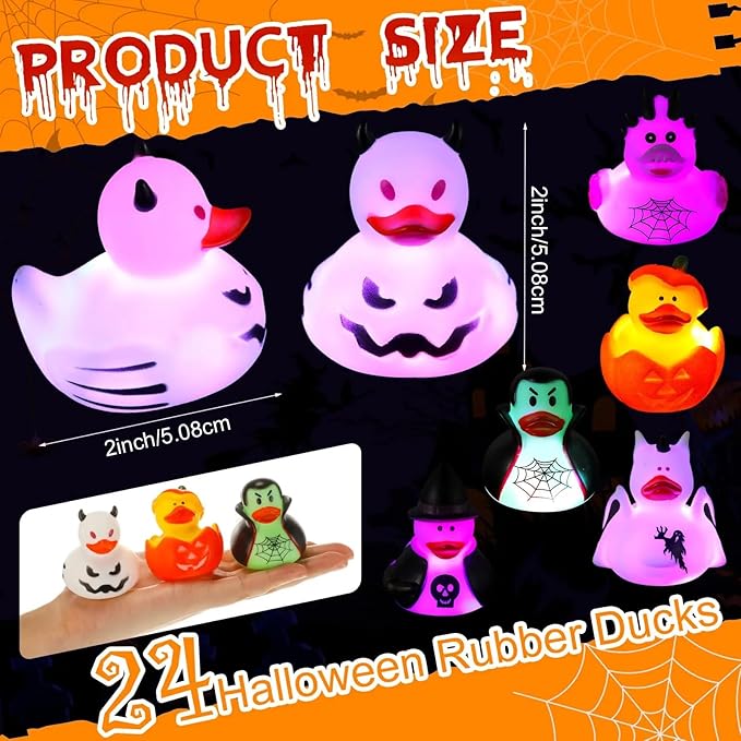 Halloween Rubber Duckies in Bulk Glow in The Dark Rubber Ducks Light up Halloween Mini Duckies Bath Toys for Halloween Party Favor Decor Pool Bathtub Baby Shower Toy Gifts for Kids (24)