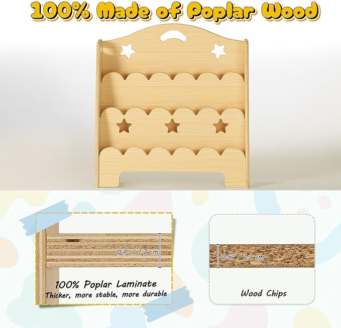 3-Tier Montessori Wooden Bookshelf for Kids, Toddler Book Rack Toy Organizer and Storage, Small Book Display Stand for Baby, Bookshelves Furniture for Classroom, Nursery, Playroom, Library