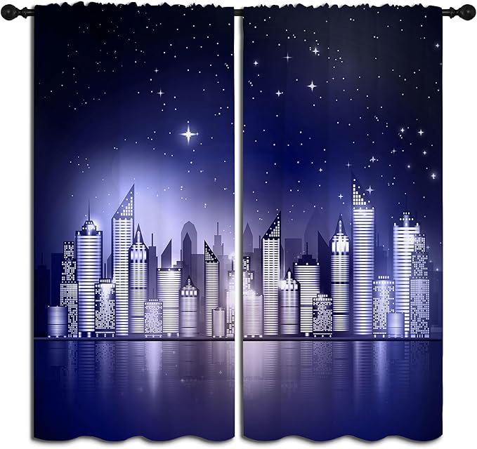 City Rod Pocket Blackout Curtains for Boy Girl Bedroom, New York Skyline Modern City Starry Sky Night View Home Energy Efficient Light Filtering Window Curtain for Living Room, 42x63 inch