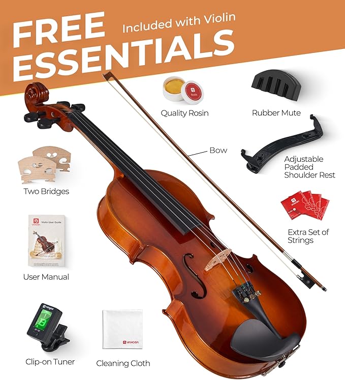 Vangoa Violin 4/4 Full Size Set Fiddle, Handcrafted Starter Acoustic Violins Kit with Solid Wood Side Board, Lightweight Hard Case for Beginners, Teens, Child, Kids Age 12+, Adults, Right Handed