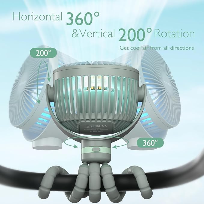 Momcozy 8000mAh Portable Stroller Fan, 27H Ultra-long Life Detachable 4 Speed 360°Rotate LED Night Light with 2 Modes, USB Rechargeable Handheld Cooling Fan for Travel/Bedroom/Car Seat