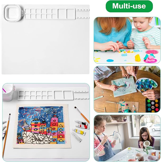AWOKE Silicone Painting Mat - 20"X16" Silicone Art Mat with 1 Water Cup for Kids - Craft Mat has12 Color Dividers - 2 Paint Dividers (White),Toddler Activities,3 4 5 Year Old Girl Boy Birthday Gifts