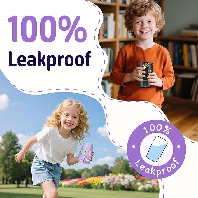 2-Pack Stainless Steel Vacuum Insulated Food Jar with Spoon, Soup Thermo Hot & Cold for Kids & Adults, Leakproof Insulated Lunch Containers with Carry Bag, 17oz.(Black-Dinosaur)