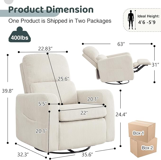 Swivel Rocker Recliner, Oversized Manual Nursery Glider Rocking Recliner Chair with Removable Cushion, Upholstered Swivel Reclining Chair for Nursery Living Room Bedroom, Corduroy White