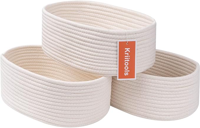 Baskets&Bins for Shelf Storage Organizing/Cute Basket to Store and Organize Household Items/Woven Rope Basket for Living Room, Bedroom,Playroom,3 Packs Off White