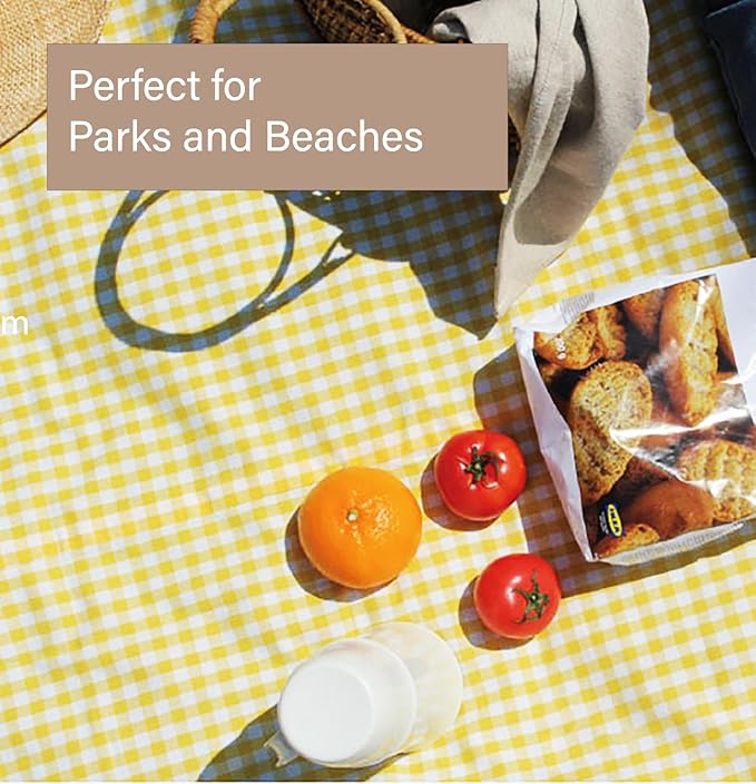 Cute Gingham Picnic Blanket, Waterproof Foldable, in Large 80x60in and Extra Large 80x80in, Portable Compact Beach Blanket, Oversized XL Outdoor Mat (Yellow, Large)