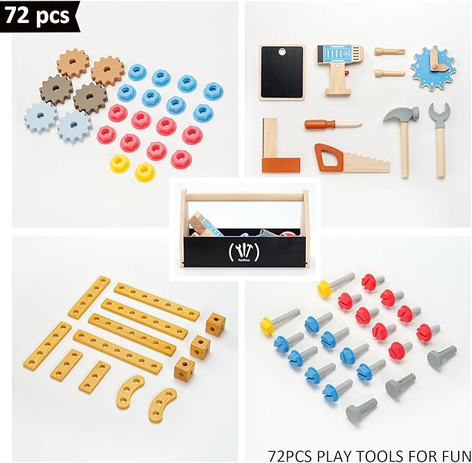 PairPear Wooden Kids Tool Bench & Carry Toolbox – 71 Pcs Pretend Play Tool Workbench with Drills, Kids Construction Toy Workbench Workshop for Boys Girls Age 3+