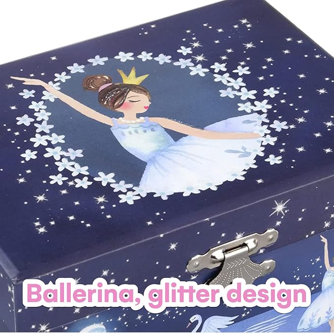 Jewelkeeper Girl's Musical Jewelry Storage Box with Spinning Ballerina, Glitter Design, Swan Lake Tune