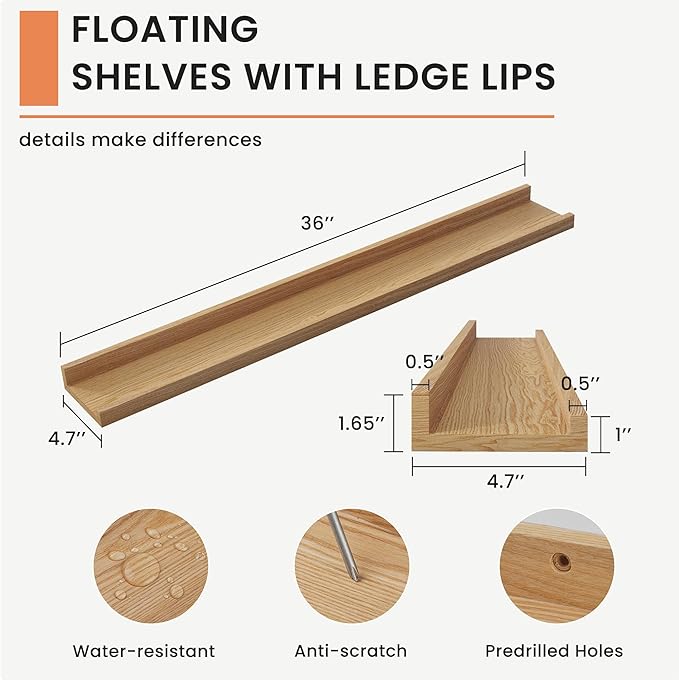 Solid Ash Wood Picture Ledge Shelf, 36 Inch Floating Shelves with Lip Set of 2, Photo Ledge Shelf Nursery Bookshelf Wall Mounted for Living Room Bedroom Decor, Natural