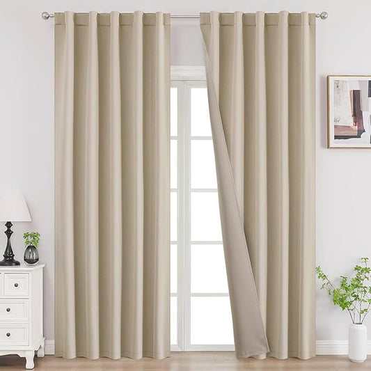 Joydeco 90 Inch Blackout Curtains for Bedroom, Thermal Insulated Black Out Curtains 2 Panels Set, Room Darkening Drapes for Living Room Window Rod Pocket Back Tab (W52 x L90 Inch, Light Beige)
