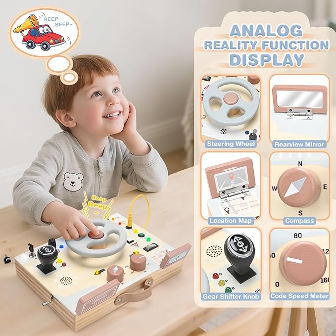 Joyreal Montessori Toddler Busy Board - Montessori Toys for 1 2 3 Years Old, Wooden Sensory Board with LED Lights, Steering Wheel, Music Player, Travel Toys for 1+ Year Old Boy & Girl Birthday Gift