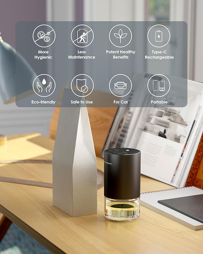 Essential Oil Diffuser Waterless Aromatherapy Diffusers for Home Large Room, Bedroom, Car, Office, Desk, Battery Operated, Small Diffuser for Pure Scent, 100mL Capacity, AN9 (Space Grey)