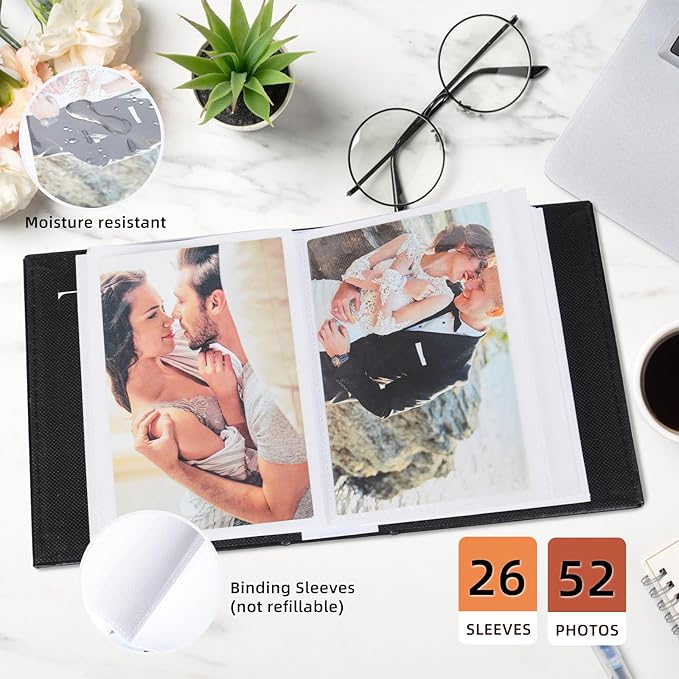 RECUTMS Small Photo Album 4x6 52 Photos, Mini Photo Book Leather Cover with Front Window, 26-Sheet Holds 52 Pictures, Artwork or Postcards Storage for Wedding Family Baby Vacation(Black)