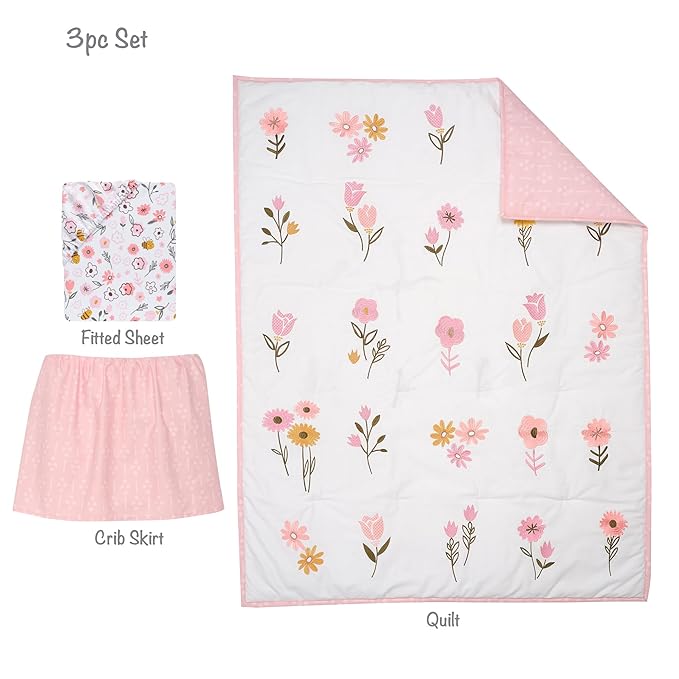 Lambs & Ivy Little Garden 3-Piece Embroidered Floral Baby Crib Bedding Set