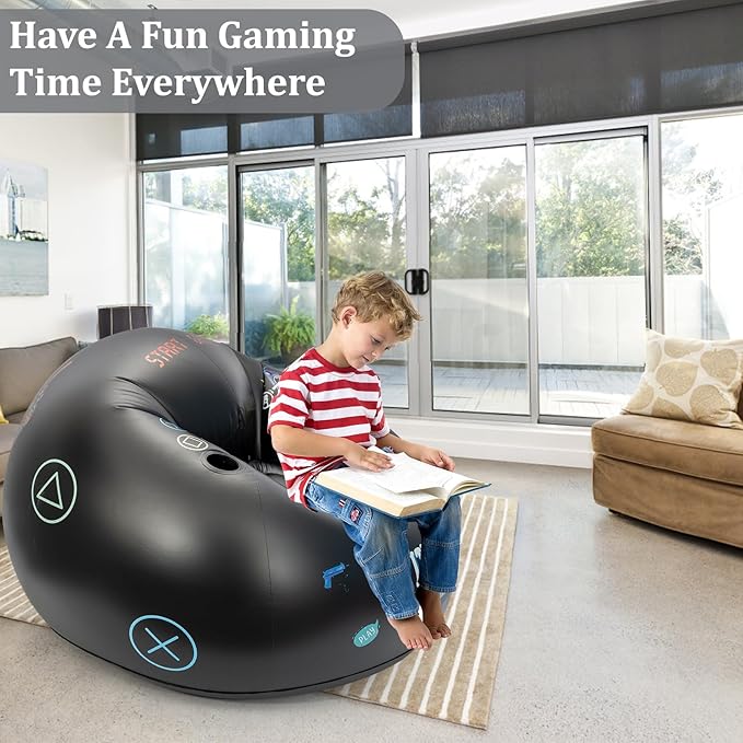 Inflatable Gaming Chair for Kids, Floor Bean Bag Chair for Teens - Boys Room Furniture with Cup Holder and Side Pocket, Inflatable Gaming Couch for Boys Room, Cool Kids Blow Up Couch Decor for Teens