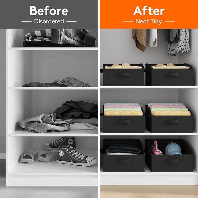Lifewit Storage Baskets for Shelves, 6 Packs Non-woven Fabric Trapezoid Closet Organizer Bins with Handles, Foldable Clothing Containers Box for Clothes, Toy, Towel, Book, DVD, Hats, Small-Black