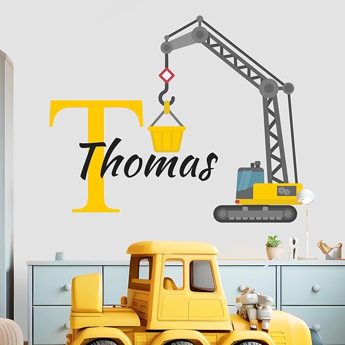 Custom Toddler Construction Crane Wall Decal I Personalized Name Decals for Walls I Nursery Wall Decal for Toddler Room Decorations I Crane Baby Sticker for Bedroom W22 x18 H (Small)