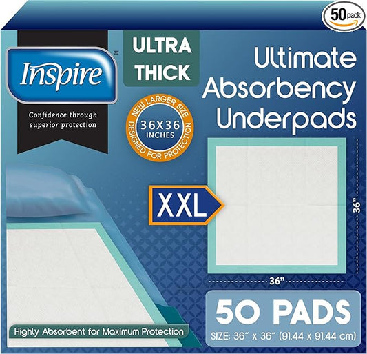 Inspire Extra Large Super Absorbent Disposable Bed Pads for Incontinence (36" X 36" Pack of 50) Ultra Thick and Absorbent Underpads Chux Adults, Puppies, Dogs Kids Furniture Protection