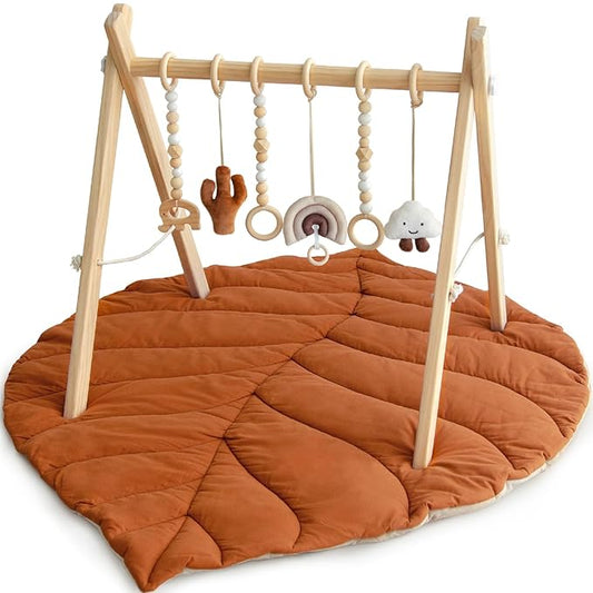 Razee Wooden Baby Play Gym Activity Mat, Leaf Shaped Play Mat Baby Gym with 6 Hanging Sensory Toys Foldable Baby Gym Newborn Infant Baby Use