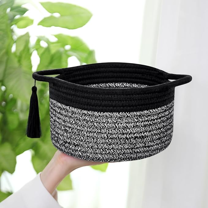 Small Gift Basket Empty to Fill – SweetMemo Mini Woven Rope Organizer Baskets for Gifting, Baby Shower, Desk, Bathroom, Shelves – Decorative Soft Bin with Gift Bag & Ribbon – Black Grey