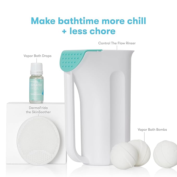 Frida Baby Baby Bath Upgrade Kit | Infant and Toddler Bath Essentials, Rinser Cup, Baby Bath Silicone Brush, Bath Bombs, Essential Oil Vapor Drops, white