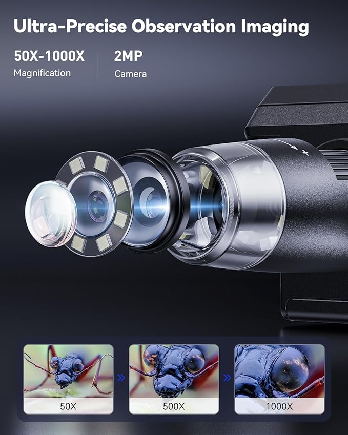 Digital Microscope, Coin Microscope with Light Adjustable Brightness 4.3" HD LCD Screen, 1000X Zoom PC View, Compatible with MacOS & Windows - Black