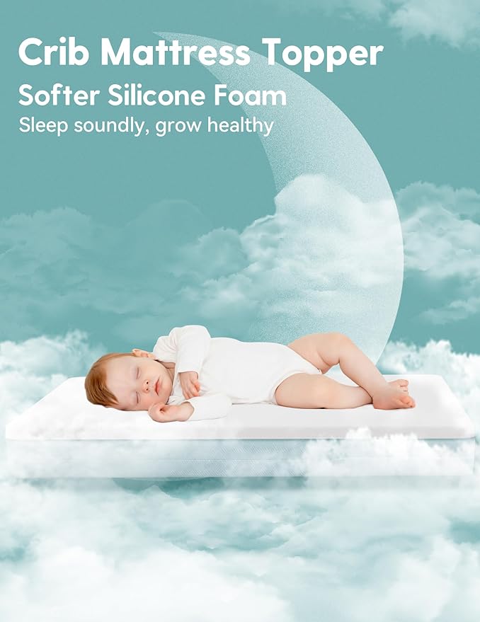 BABELIO Machine Washable Crib Mattress Topper, Soft Breathable Silicone Foam Toddler Mattress Topper Pad with Removable Zipper Cover 52" x 27" x 1"