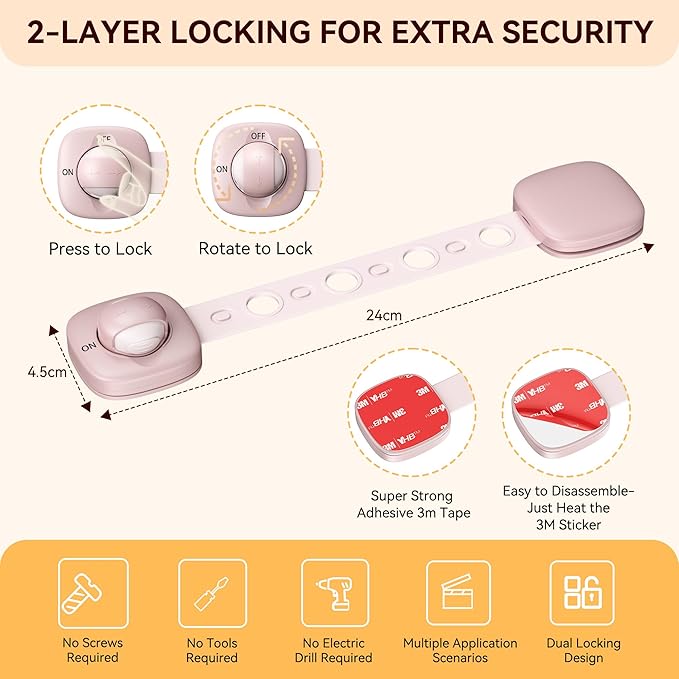 2 Pack Cabinet Locks/Refrigerator Locks Baby Proofing - Child Proof Locks for Drawer, Refrigerator, Fridge, Toilet Seat-No Screws or Tools Required (2 Pack-Pink Locks)