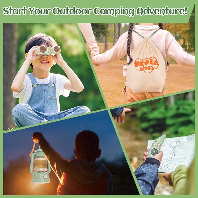 Kids Camping Toys Set - Pretend Play Camping Set with Food Toy, Spray Stove, Oil Lantern, Binoculars, Compass, Tableware, Watch & Storage Bag, Birthday for Ages 3+