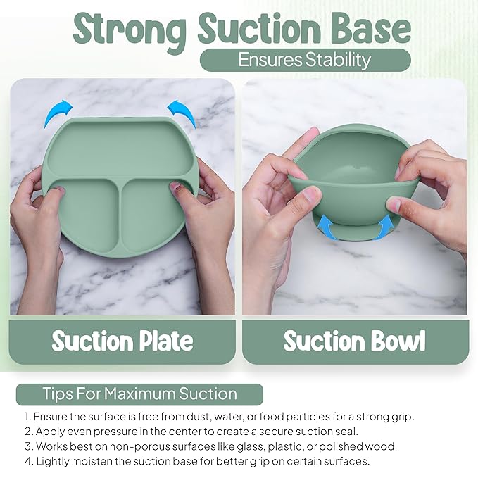 O'doe 11-Piece BPA-Free Silicone Baby Feeding Set | Thick & Soft Suction Plates, Baby Bowls, Wooden Fork & Spoon, and More | Make Mealtime Fun and Easy for Your Little One (Green, V1)