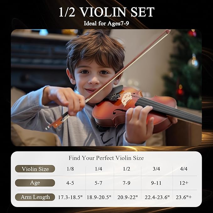 1/2 Beginner Violin Kit for Kids,Complete Violin Set with Case, Bow, Rosin,Natural