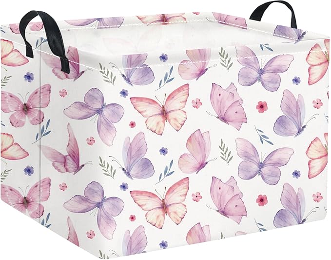 HIYAGON Rectangular Pink Basket for Girls Kids Baby Storage Basket Toy Storage Bin Organizer Box Room Decor(Watercolor Butterfly)